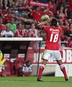 Benfica's Salvio celebrates his goal against Pacos de Ferreira during their Portuguese Premier League soccer match in Lisbon